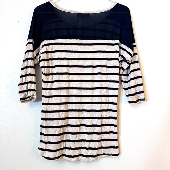 Pink Rose Striped Half Sleeve Sheer Yoke Rayon Blend Pocket Tee Black Pink Large - Picture 2 of 4